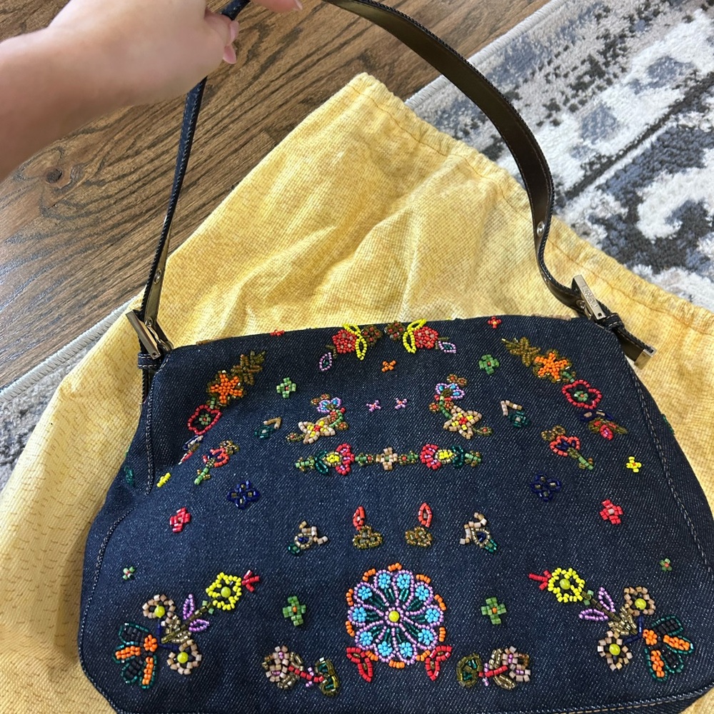 Fendi Navy Denim Shoulder Bag with Multicolor Floral Embroidery- FIRM PRICE - Picture 3 of 8